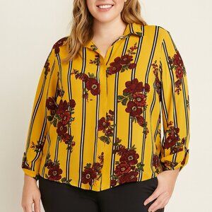 Truly 4 You Yellow Floral Stripe Button-Front Blouse — Women’s Large NWT